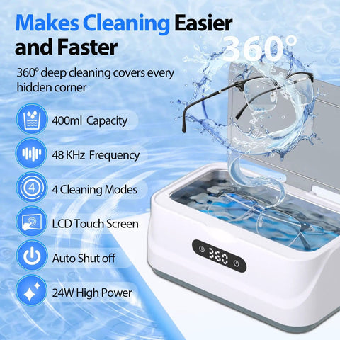 Ultrasonic Jewelry Cleaner 24W With 48kHz High Frequency Waves Digital Timer, glasses in 13.5oz unit, deep cleaning features shown