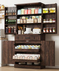 Kick Out Clutter Fast With This 71 Inch Tall Kitchen Pantry Cabinet Featuring Three Spacious Drawers Six Farmhouse Barn Doors Heavy Duty Steel Frame And Adjustable Shelves In Warm Brown, open display of pantry items.