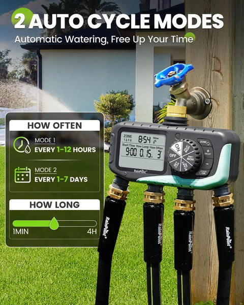 4 Zone Easy Sprinkler Timer For Garden Hose And Soaker Hoses With Rain Delay Manual And Automatic Watering Digital Irrigation System For Yard And Lawn Brass Inlet