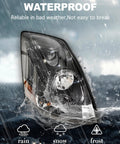 Volvo VNL Headlight Pair Set Black Housing Halogen Lamps For VN Series Trucks 2004 To 2018, waterproof in rain, snow, frost.