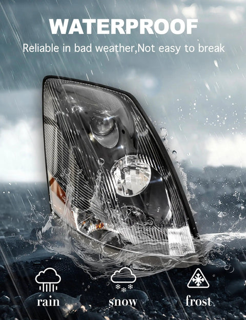 Volvo VNL Headlight Pair Set Black Housing Halogen Lamps For VN Series Trucks 2004 To 2018, waterproof in rain, snow, frost.