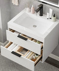 No Fuss 24 Inch Wall Mount Bathroom Vanity With Durable Resin Sink And Deep Twin Drawers, Smooth White MDF Floating Cabinet.