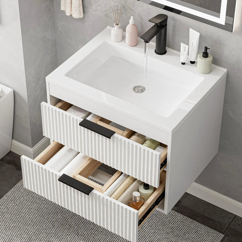 No Fuss 24 Inch Wall Mount Bathroom Vanity With Durable Resin Sink And Deep Twin Drawers, Smooth White MDF Floating Cabinet.