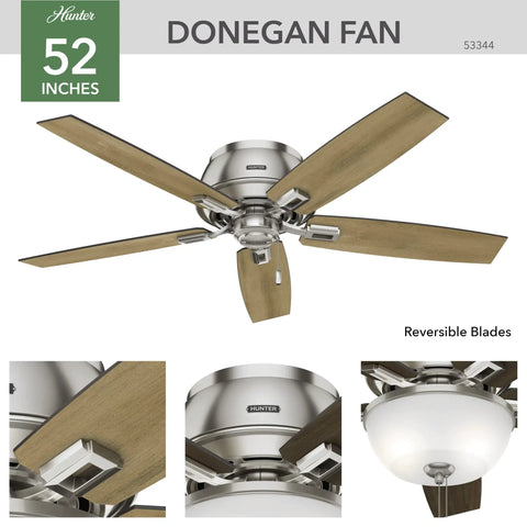 Donegan 52 Inch Brushed Nickel Low Profile Ceiling Fan With Dope LED Light Kit and Pull Chain, seen with wood blades and frosted glass