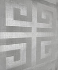 Modern Geometric Greek Key Wallpaper With Metallic Matte Finish close-up of gray silver design, ideal for accent walls and bathrooms.
