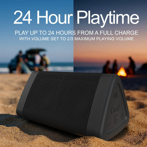Angle 3 4th Gen Portable Bluetooth Speaker with 12W stereo sound on a beach, highlighting 24-hour playtime feature.