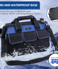 Heavy Duty Tool Tote Bag With Waterproof Plastic Base 16 Inch Multi Pocket Organizer With Shoulder Strap for home workshop in black and blue.