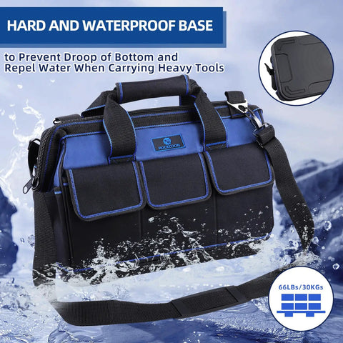 Heavy Duty Tool Tote Bag With Waterproof Plastic Base 16 Inch Multi Pocket Organizer With Shoulder Strap for home workshop in black and blue.