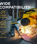 Caliber Measuring Tool For Miter Saws Pro Grade Time Saver installed on miter saw with real-time LCD display cutting metal