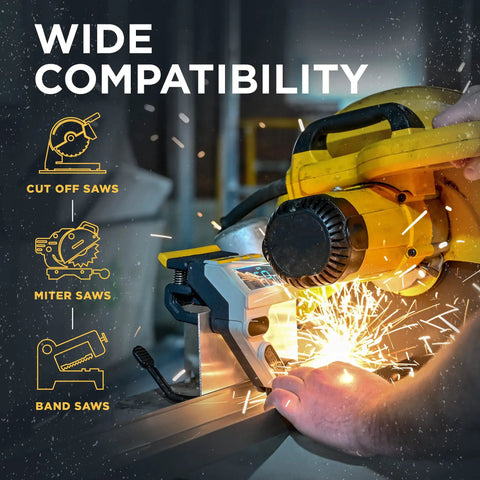 Caliber Measuring Tool For Miter Saws Pro Grade Time Saver installed on miter saw with real-time LCD display cutting metal