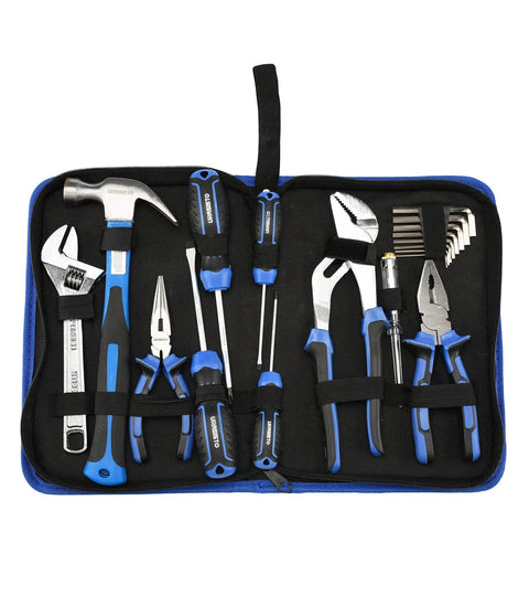19 Piece Hand Tool Set With Easy Carrying Pouch For DIY And Home Maintenance Includes Hammer Pliers Magnetic Screwdrivers Hex Keys Adjustable Wrench And Voltage Tester For Everyday Fixes displayed in blue pouch.