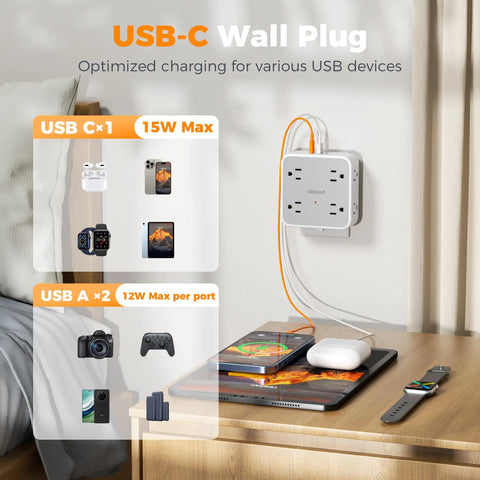 11 In 1 Wall Outlet Extender With 8 Sockets 1 USB C And 2 USB A Ports Surge Protector installed on wall charging devices