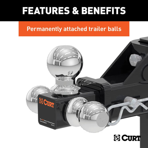 Close-up of three ball trailer hitch mount with adjustable shank for one seven eighths, two, and two and five sixteenths inches couplers.
