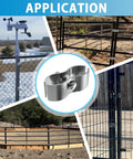 8 Piece Chain Link Fence Panel Clamps For One And Three Eighths Inch Cage Dog Kennel Panels Round Pipe Panel Frame Clamps Beefy Durable Quick Connect Solutions For Kennels And Temporary Enclosures shown in various installed applications.