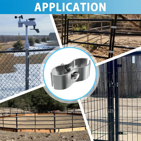 8 Piece Chain Link Fence Panel Clamps For One And Three Eighths Inch Cage Dog Kennel Panels Round Pipe Panel Frame Clamps Beefy Durable Quick Connect Solutions For Kennels And Temporary Enclosures shown in various installed applications.