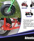 Comparison of front and rear brake caliper placement for Mini Bike Brake Lever Kit With Caliper Replacement And 61 Inch Cable