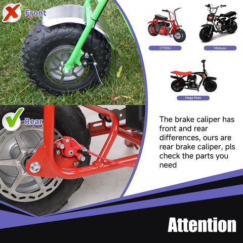 Comparison of front and rear brake caliper placement for Mini Bike Brake Lever Kit With Caliper Replacement And 61 Inch Cable