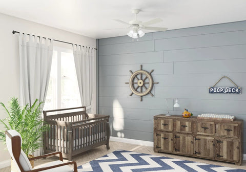 Modern nursery with 52 Inch Indoor Ceiling Fan With LED Lights Fresh White, Pull Chain, 5 Blades, Standard Mount, Quiet Airflow
