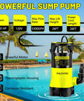 Beast Submersible Water Pump 1HP 5300GPH by poolside, highlighting powerful motor, portable handle, and corrosion-resistant housing