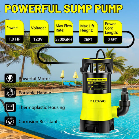 Beast Submersible Water Pump 1HP 5300GPH by poolside, highlighting powerful motor, portable handle, and corrosion-resistant housing