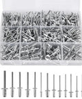 Pop Rivets Assortment Kit With 600 Pieces, 15 Sizes, Dome Head Blind Rivets in a clear organizer, shown with rivets lined up below, suitable for DIY projects.