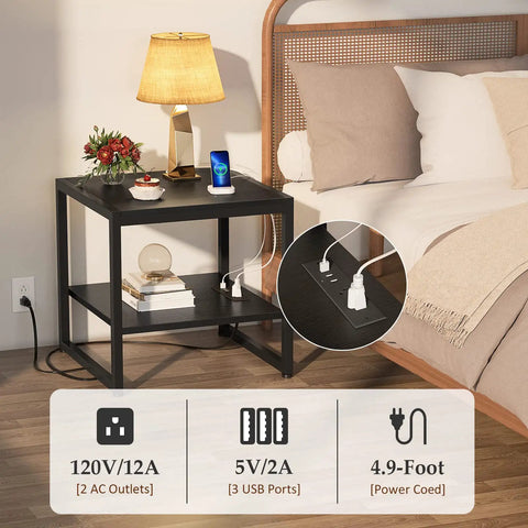 Black end table with charging station for living room, 2 AC outlets, 3 USB ports, 59-inch power cord, lamp and flowers on top