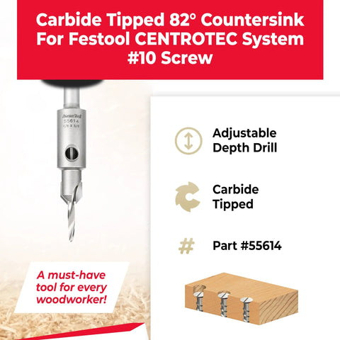 Beefy Carbide Tipped 82 Degree Countersink Drill Bit Built For Dead Straight Pilot Holes and Knock Out Flawless Flush Looks When Driving Number Ten Wood Screws While Fitting Snug Into Festool CentroTec Systems Without Any Gripe Or Fuss On The Shop Bench, featuring adjustable depth drill.