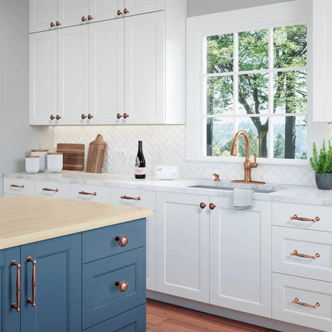 Modern kitchen with Six Pack Antique Copper Drawer Knobs Set Zinc Alloy Cabinet Hardware Vintage Style Pulls on white cabinets.
