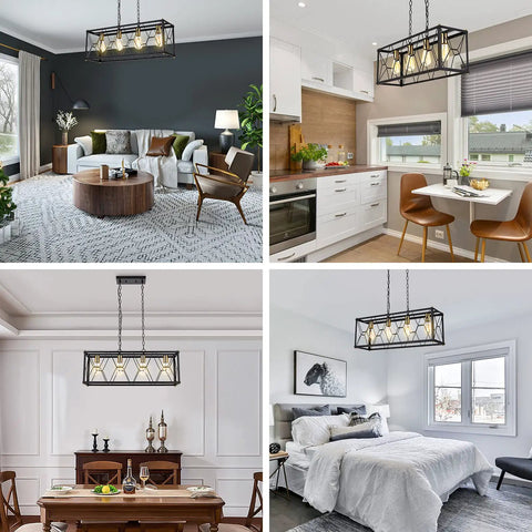 Industrial Kitchen Island Pendant Light Fixture With Black Metal Cage And Brass Gold Accents in living room, kitchen, dining, bedroom