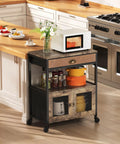 Real Deal Farmhouse Coffee Bar Cabinet And Three Tier Rolling Cart With Loaded Storage Drawer Sturdy Locking Casters Rustic Brown Wood Frame with microwave and condiments.