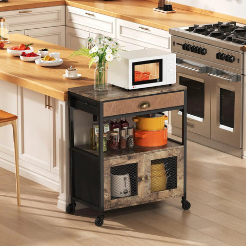 Real Deal Farmhouse Coffee Bar Cabinet And Three Tier Rolling Cart With Loaded Storage Drawer Sturdy Locking Casters Rustic Brown Wood Frame with microwave and condiments.