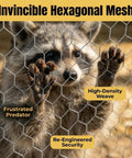 Raccoon behind hexagonal mesh showcasing durability for Large Metal Chicken Run Walk-In Coop 9.8 Ft Long By 6.5 Ft Wide By 6.5 Ft High For 15-20 Hens
