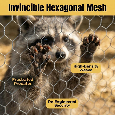 Raccoon behind hexagonal mesh showcasing durability for Large Metal Chicken Run Walk-In Coop 9.8 Ft Long By 6.5 Ft Wide By 6.5 Ft High For 15-20 Hens