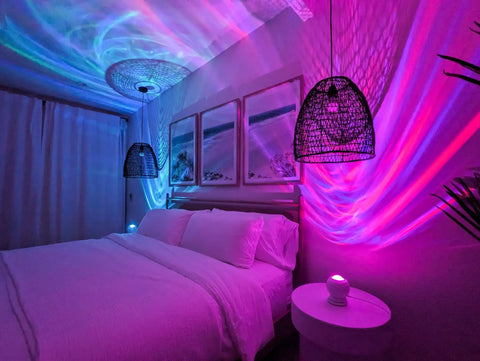 Bedroom with LED Aurora Projector casting Northern Lights Vibe, showcasing Chill Bedroom Relaxation Mood Lighting on walls and ceiling.