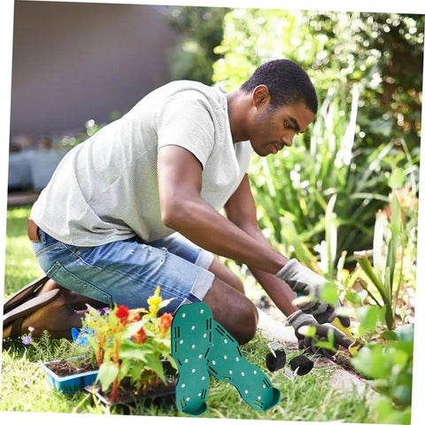 Person gardening next to Eight Piece Lawn Aerator Shoes With Solid Metal Straps For Easy Assembly And Soil Aeration.