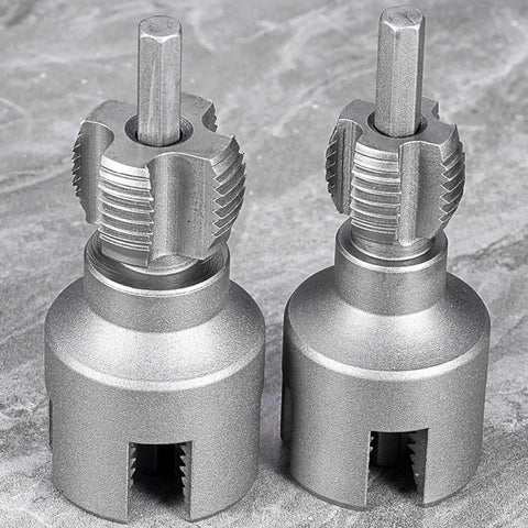 Do It All Pipe Threading Kit With Internal And External Dies For One Half Inch And Three Quarter Inch PVC Pipes showing two metal threader tools.
