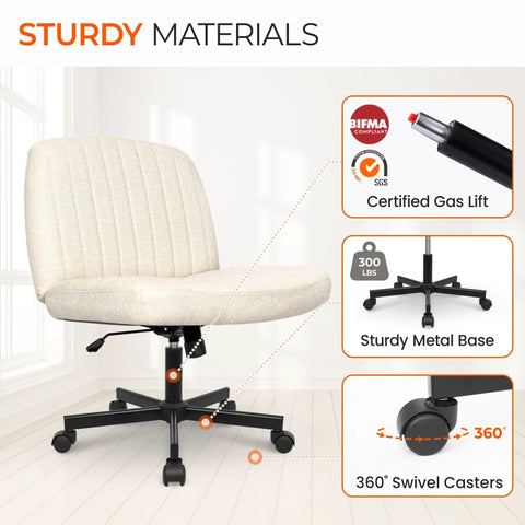 Sturdy cross-legged comfy office desk chair with wheels, armless swivel fabric seat, beige color, adjustable height and back support