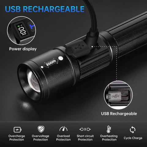 Rechargeable LED Flashlights 2 Pack With 5 Modes And Zoomable Beam LCD Battery Level Display USB Rechargeable Handheld Torches