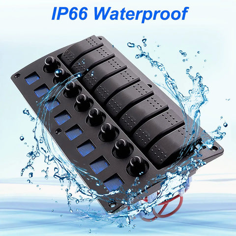 Beefy 8 Gang Boat Rocker Switch Panel Waterproof Marine Panel With LED On Off Switches And Circuit Breakers 12V 24V