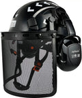 Black forestry safety helmet with built-in visor, mesh face shield, and ear muffs designed for wood cutting protection.