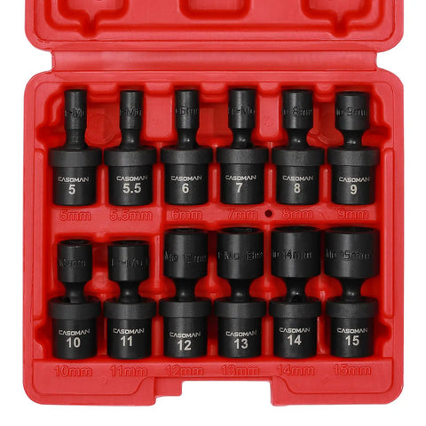 One Quarter Inch Drive Shallow Universal Impact Socket Set 12 Piece Metric 5mm to 15mm Six Point Cr Mo Steel Swivel Socket