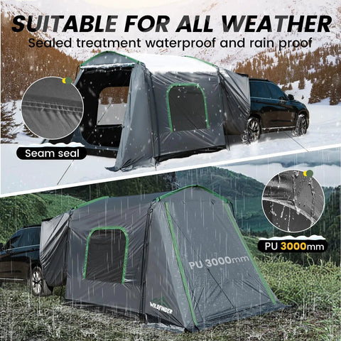 Roomy Family SUV Tent For 5 To 9 People With 8ft L X 10.6ft W X 7.2ft H Center Height, Waterproof And Windproof Car Camping Shelter in rain