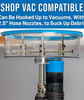 Adjustable round hole cutter with vacuum port nine inch diameter in use, compatible with 2.5-inch shop vac hose for dust-free cuts.