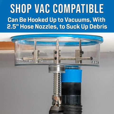 Adjustable round hole cutter with vacuum port nine inch diameter in use, compatible with 2.5-inch shop vac hose for dust-free cuts.