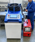 Portable Handheld Welder Machine Featuring Slick Digital Control Panel with automatic wire feed and user operating in workshop.