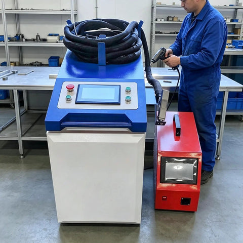 Portable Handheld Welder Machine Featuring Slick Digital Control Panel with automatic wire feed and user operating in workshop.
