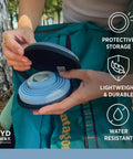 On The Go Travel Case For Collapsible Bottles Bowls And Cups With Carabiner Clip Protective Storage Water Resistant Durable TSA Friendly Lightweight And Compact For Easy Packing in use by backpacker