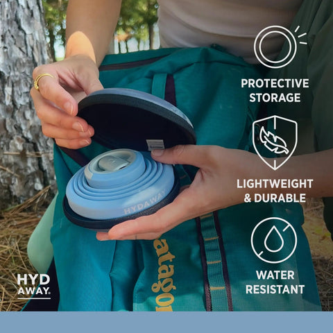 On The Go Travel Case For Collapsible Bottles Bowls And Cups With Carabiner Clip Protective Storage Water Resistant Durable TSA Friendly Lightweight And Compact For Easy Packing in use by backpacker