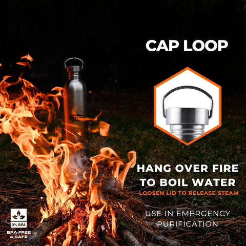 Durable Stainless Steel Water Bottle 1500 Ml BPA Free For Camping And Outdoors Campfire Ready over campfire with cap inset