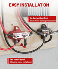 Heavy Duty 12 Volt 100 Amp Power Distribution Block With Dual Quarter Inch M6 Stud Busbar installed on wall with wiring.